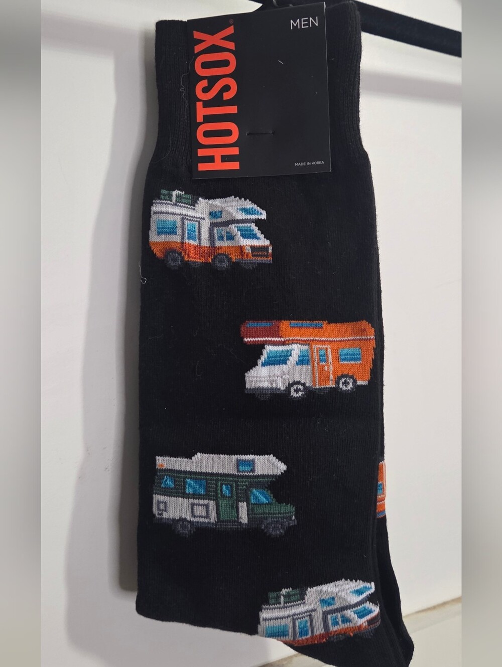 Hot Sox - Men's Black Crew Socks with Orange and Teal Camper RVs